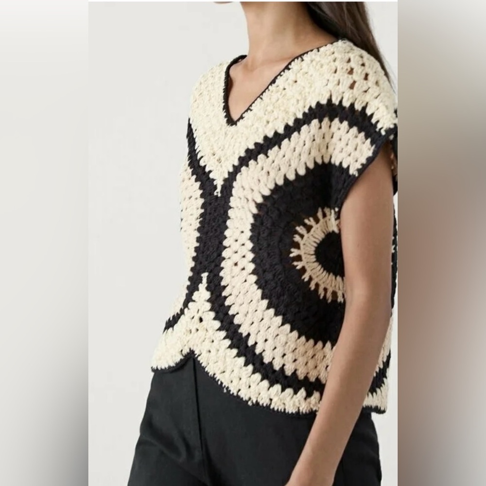 Massimo Dutti 100% Cotton Crochet Knit Top W Contrast Piping Details Women’s S - Picture 6 of 16